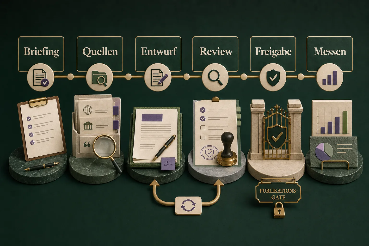 AI-gestützter Redaktionsprozess von Briefing und Quellen über Entwurf und Review bis menschliche Freigabe und Messung
