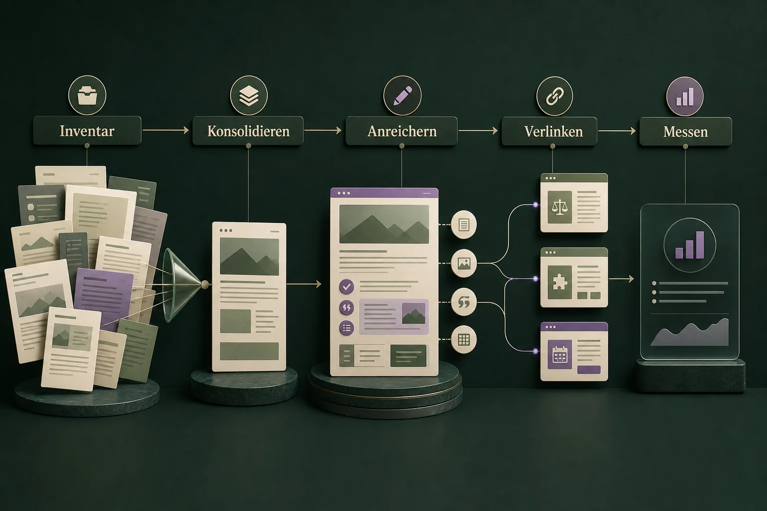 Workflow der Content-Optimierung von Inventar und Konsolidierung über Anreicherung und Verlinkung bis zur Messung