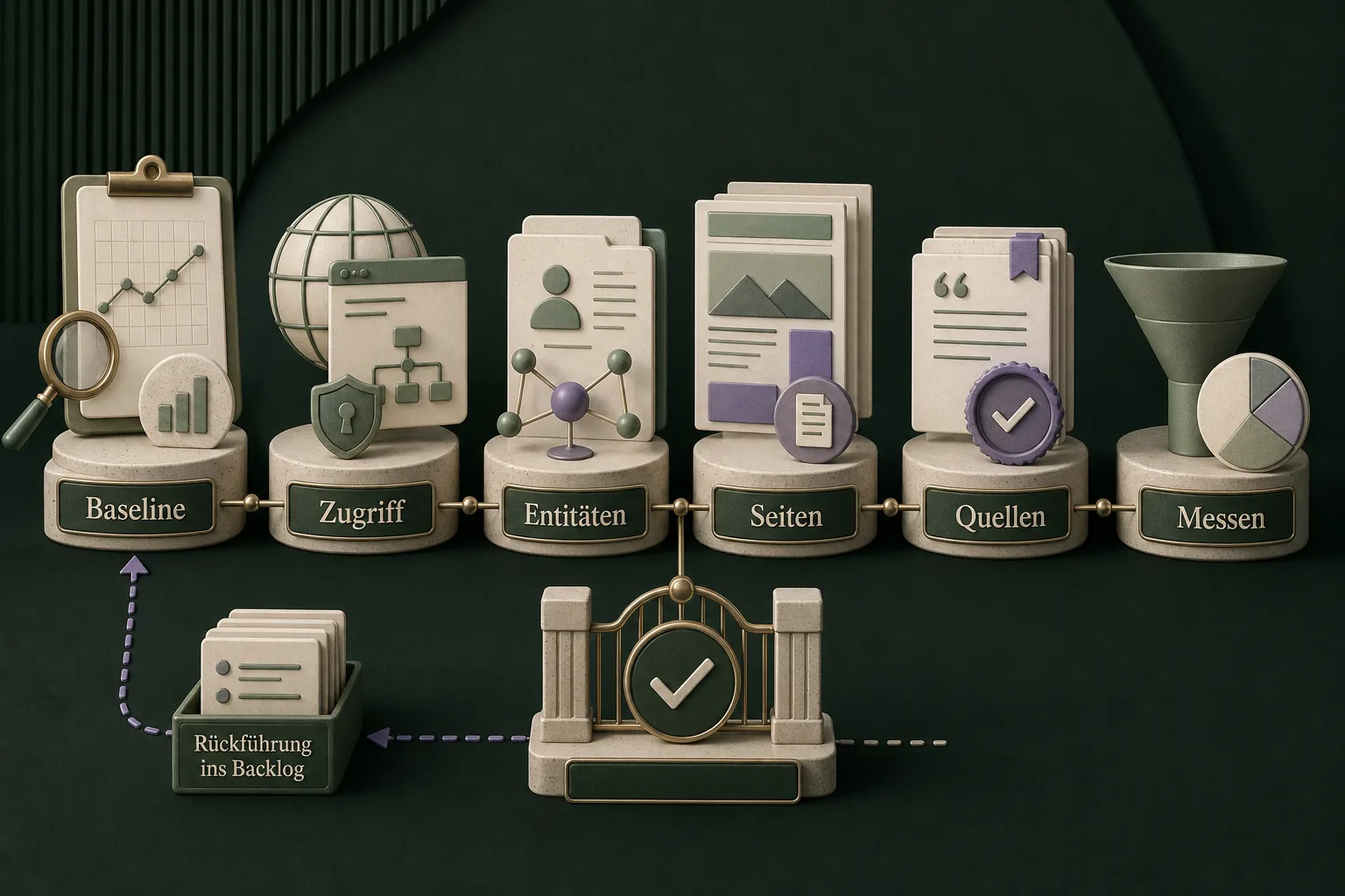 GEO-Implementierungsworkflow von Baseline und Zugriff über Entitäten, Seiten und Quellen bis Messung und Abnahme