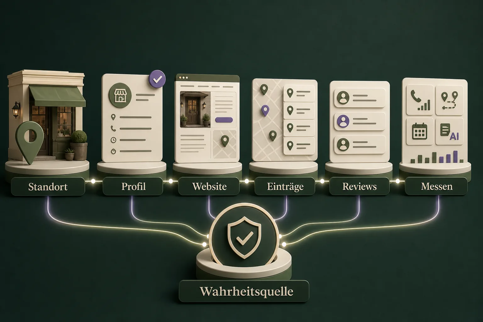 Local-GEO-Signalfluss von Standort und Profil über Website, Einträge und Reviews bis zur Messung, verbunden durch eine Wahrheitsquelle